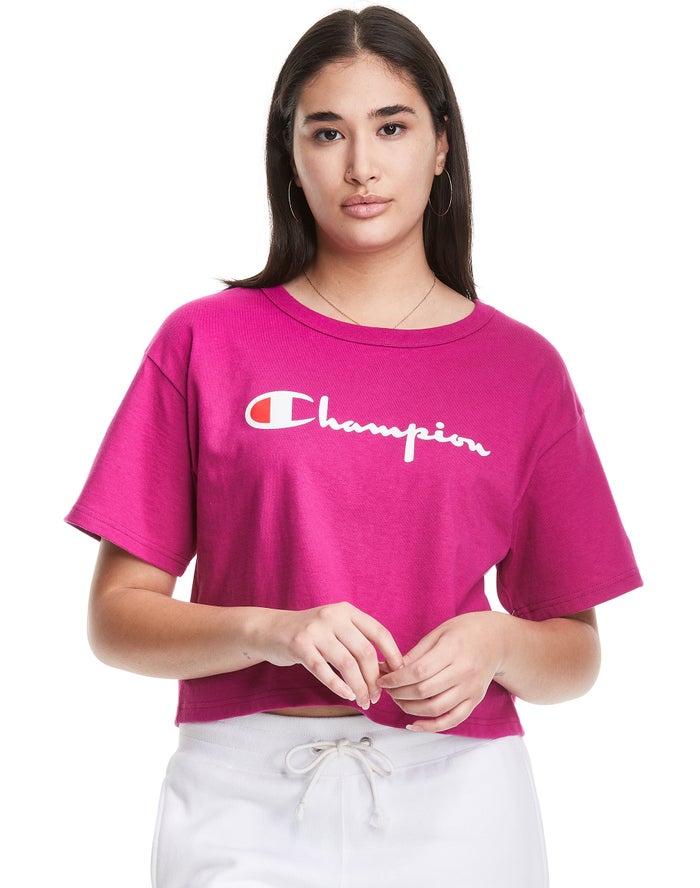 Champion Heritage Cropped Script Logo - Naisten Pinkki T-Paita - Suomi 7905164-BZ